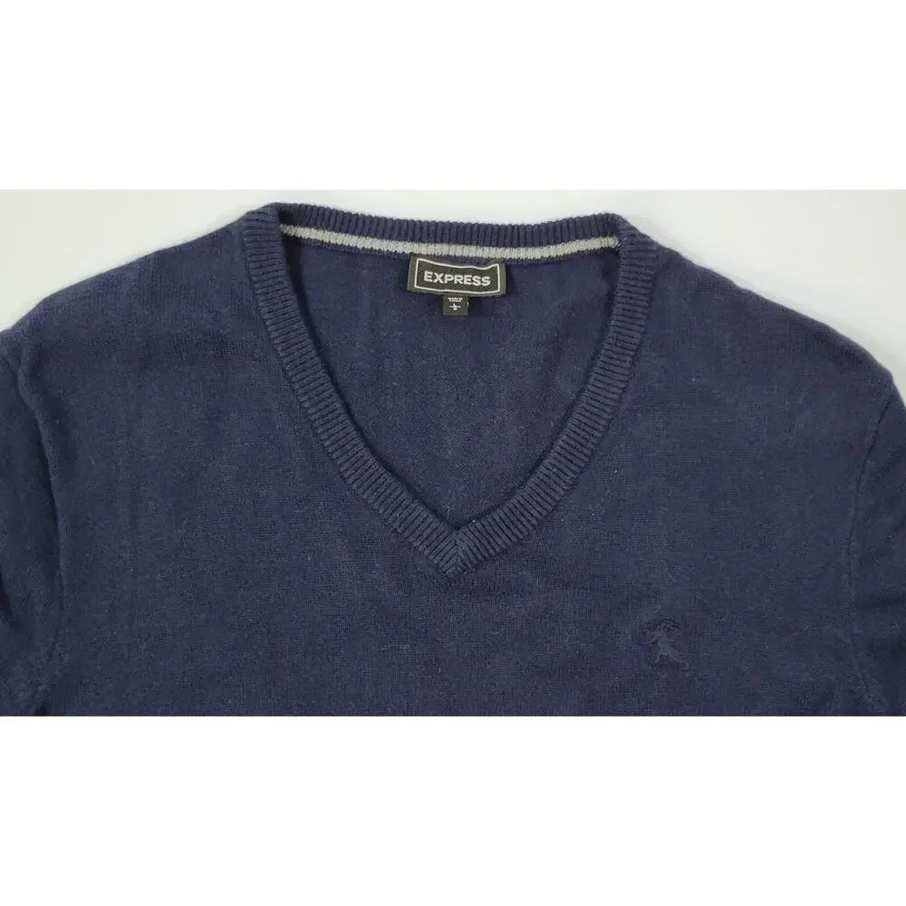F5) Express Men Pullover V-Neck Navy Blue Sweater Large